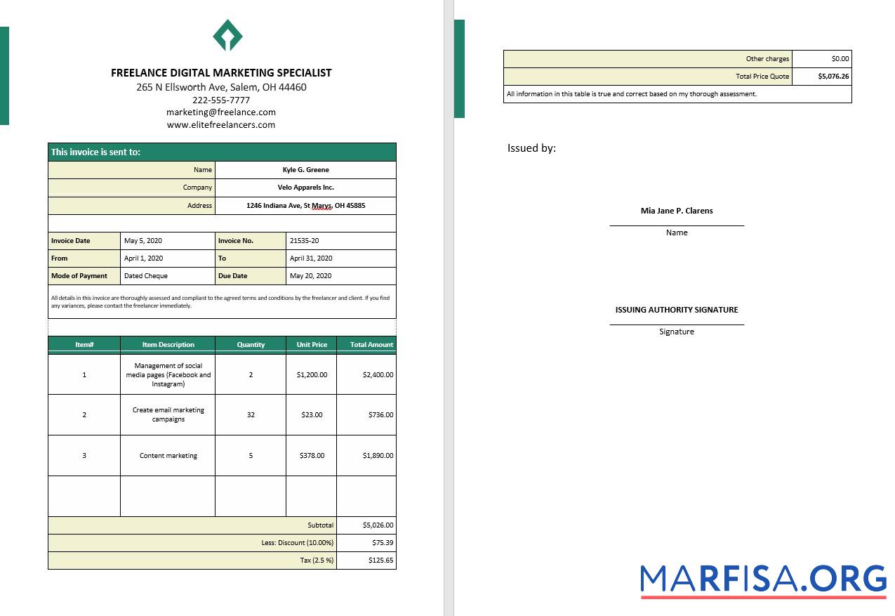 Downloadable Freelance Service Invoice Template
